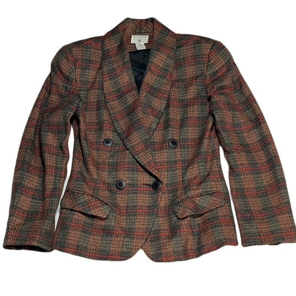 Georgiou Womens Double-Breasted Plaid Blazer Wool-Blend Size XS Made In Germany